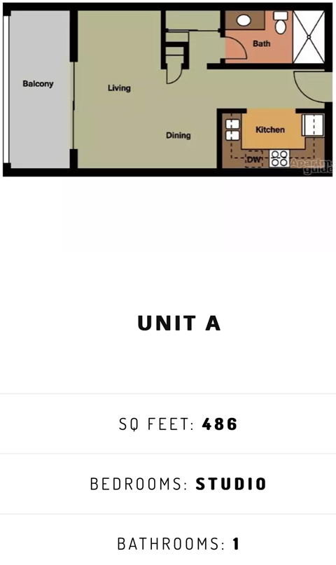 Floor plan for studio, 1 bath, 486 sqft